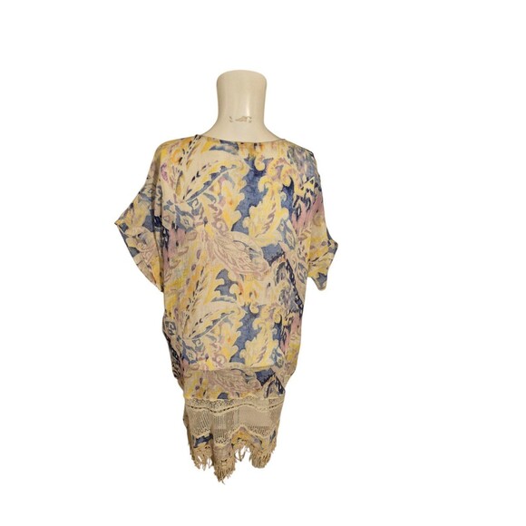 Chico's Linen Swim Cover Boho Tunic Top Dress Watercolor Fringe detail Sz S/M - Picture 4 of 5